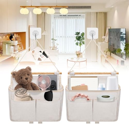Forhandy 2 Stück Hängeorganizer, Hohe Kapazität Hängeaufbewahrung mit 3 Fächer Faltbares Leinen Wand Organizer Hängend Wand Aufbewahrungstasche mit 2 Klebriger Haken für Zuhause Büro Bad - Beige