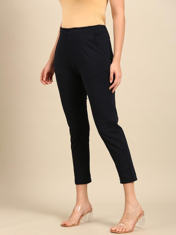 Image of De Moza Women Pencil Fit Cigarette Pant | 95% Cotton 5% Elastane | Mid Rise | 2 Pockets | Casual & Office Wear