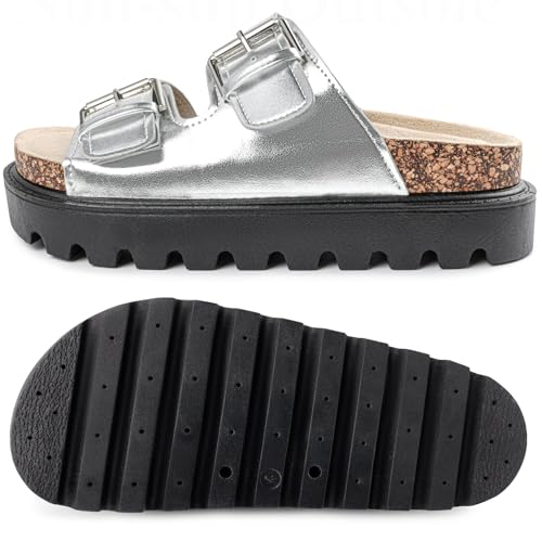 Image of Chunky Platform Sandals for Women, Waterproof Non-Slip Rubber Sole, Adjustable Double Buckle, Arch Support Open Toe Slide Sandals, Comfortable Black Wedge Sandals for Women