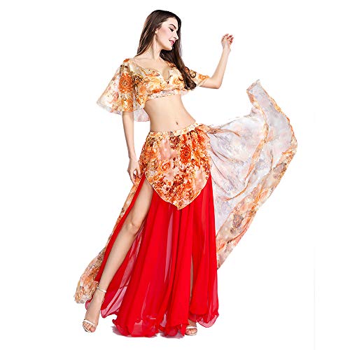 ROYAL SMEELA Bauchtanz Rock Bauchtanz Oberteil Anzug Sexy Bauchtanz kostüm Damen Performance Kleider Blumen Chiffon Tanzen Tops Röcke Tanz Outfit Set für Frauen Tanzkostüm Röcke Oberteil Tanzanzug
