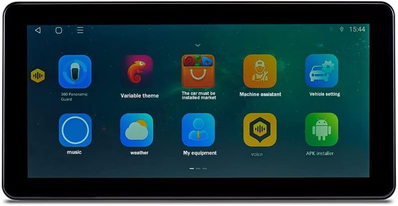 Screen of the ISTOVO TS18 showing another set of app icons including 360 Panoramic Guard, Variable theme, The car must be installed market, Machine assistant, Vehicle setting, music, weather, My equipment, voice, and APK installer.