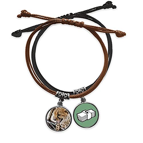 Pulsera de leopardo de cuero ajustable con cuerda trenzada y amuleto animal