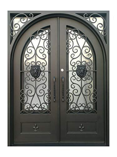 Coppell Exterior Double Front Entry Door Wrought Iron with Operable Tempered Rain Glass Inside Swing Dark Bronze Finish (72 by 108 Right Hinge Active) -  AAWAIZ IMPORTS