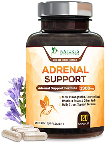 Adrenal Support and Stress Support 1300mg - Extra Strength Stress Support and Adrenal Fatigue Support Supplement - Ashwagandha, Licorice Root, Rhodiola Rosea and Other Herbs, Non-GMO - 120 Capsules