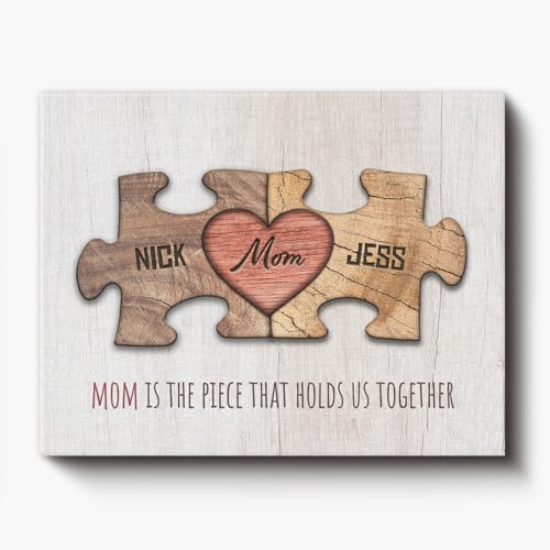 Personal-Prints MOM & Children Personalized HEART Puzzle Wall Art | Unique Customized with 1-8 Kid’s Names | Meaningful Mother’s Day, Birthday or Gift for Mom (8'x10' Stretched Canvas, 2 Children)