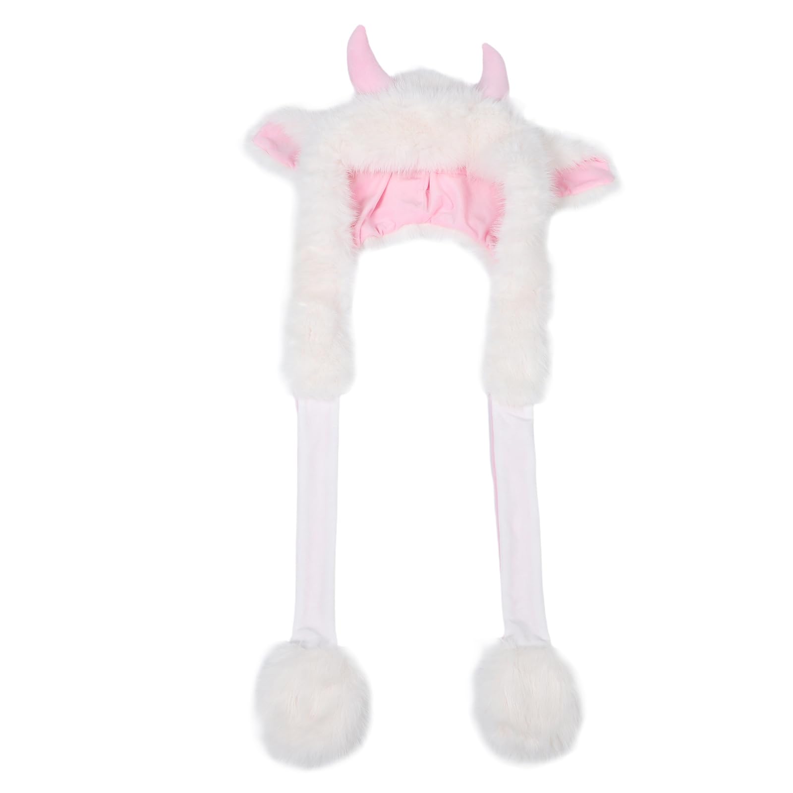LOGOFUN Plush Earflap Hat with Integrated Scarf Cozy Adorable Ox Horns Headwear for Winter Warmth Animal Party Costume Accessories - Pink White
