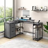 Vabches 61'' L Shaped Computer Desk with Lift Top, L Shaped Desk with LED Lights Power Outlets, L Shaped Gaming Desk with 3 Drawers Open Storage Shelf, Home Office Desk with USB Port, Grey