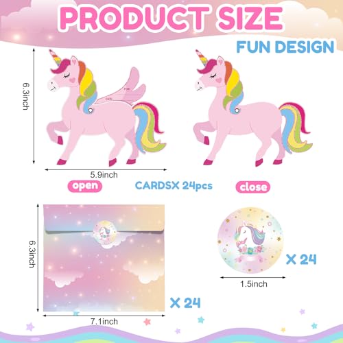 Pasimy 24 Pack Unicorn Party Invitation Card with Envelope Sticker Unicorn Birthday Invitation Rainbow Invite Cards for Women Birthday Party Supplies Baby Shower Favor