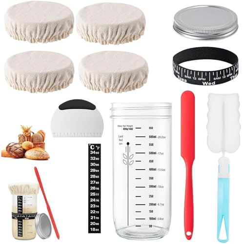 beginnenSauerteig Starter Set – Glas Fermentiergefäß 1 Set (17 cm×8 cm), inkl. Mixer, Pinsel, Messbecher, Thermopapier, Datumsaufkleber, Deckel & Stoffhauben – perfekt für Brotback‑ und Gärs