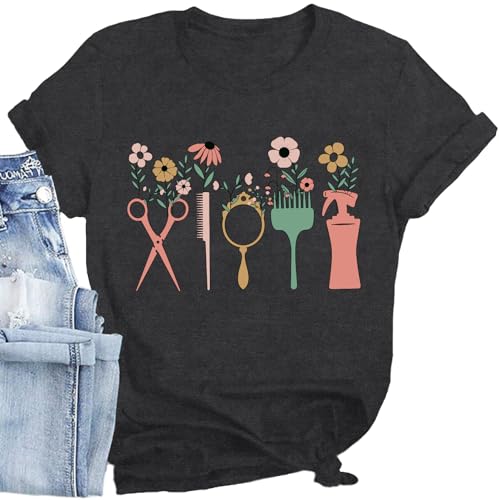 CQF Hairstylist Shirt for Women Hairdresser and Beauty Salons T-Shirt Funny Casual Flower Short...