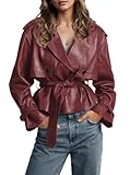 chouyatou Women's Fall Belted Faux Leather Jacket Modo Business Casual Faux Leather Short Trench Coat (Small, Red)