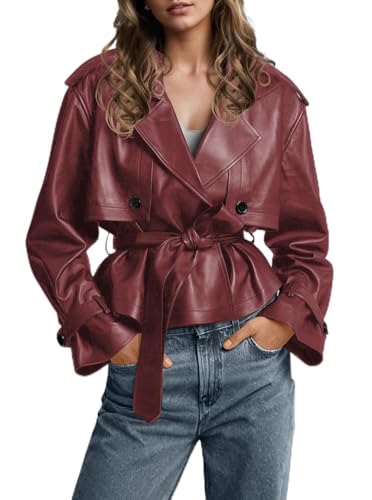 chouyatou Women's Fall Belted Faux Leather Jacket Modo Business Casual Faux Leather Short Trench Coat (Small, Red)