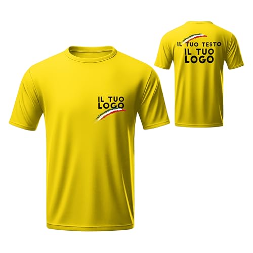 WORLD SELL Camiseta para hombre/mujer personalizada delantera y trasera – 100% algodón – Made in Italy – Camiseta personalizable con texto, logotipo o imagen, amarillo, XXL
