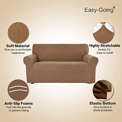 Image of Easy-Going Stretch Sofa Slipcover 1-Piece Sofa Cover Furniture Protector Couch Soft with Elastic Bottom for Kids, Polyester Spandex Jacquard Fabric Small Checks (Sofa, Camel)
