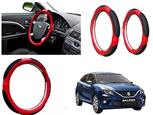 Image of Microfiber Car Steering Wheel Cover, Soft Padding Great Hand Feel, Anti-Slip, Faux Leather Steering Cover for Maruti Suzuki Baleno 2020 | Black Red Jali - Pack of 1