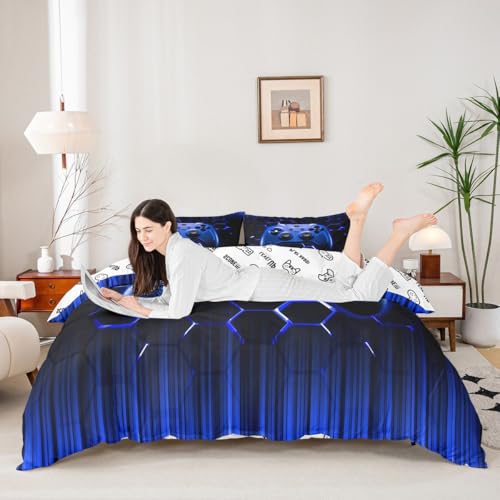 Honeycomb Gamepad Duvet Cover Set Queen Size, Blue Geometric Reversible Bedding Set 3pcs for Kids Boy Game, Modern Gamer Comforter Cover Modern Gaming Quilt Cover with 2 Pillowcases,No Comforter