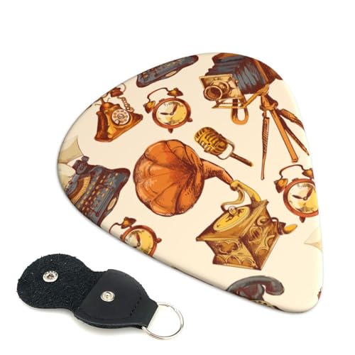 レトロスケッチ時計カメラマイク エレキベースウクレレピック アニメファッション弦楽器 初心者トライアングルピック 6 枚セット 0.46mm