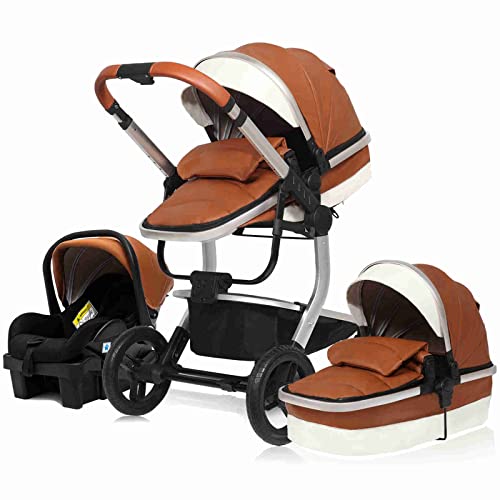 Lulicy 3-in-1 Baby Stroller with Bassinet Mode Infant Pushchair Aluminum Alloy Frame High Landscape Stroller PU Leather Lightweight Stroller Pram with Base Newborn (Color : Brown)