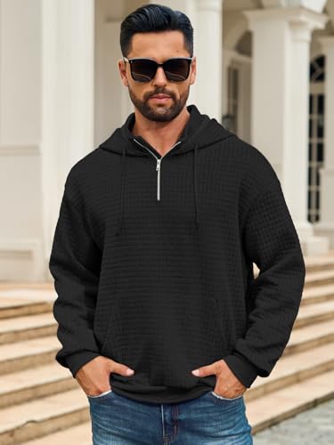 Auxo Mens Quarter Zip Pullover Fashion Quilted Hoodies Long Sleeve hooded Sweatshirt with Pocket2