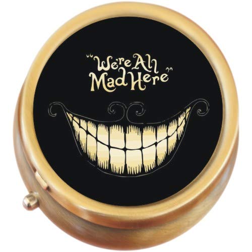We are All Mad Here Cheshire Cat Wonderland Brass Round Pill Box