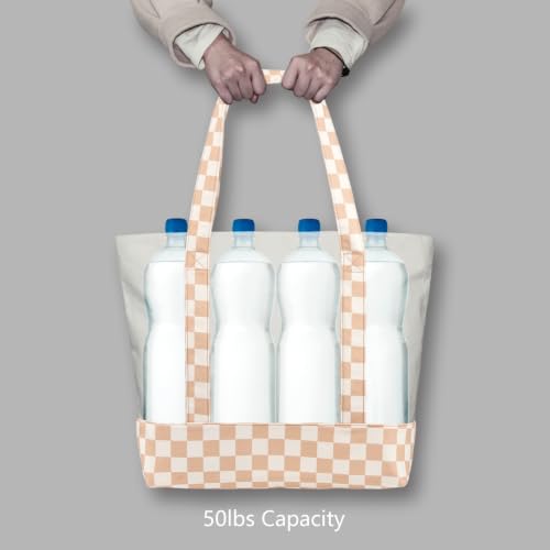 Image of TOPDesign 1-Pack Canvas Tote Bag with an External Pocket, Reusable Grocery Shopping Bag, Top Zipper Closure, Daily Essentials (Khaki Checkered /Natural)