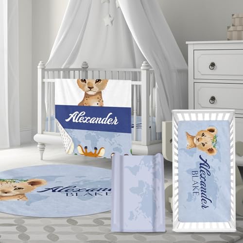 HSHRYY Custom Name Crib Bedding Set for Infant Baby, Personalized Nursery Decor Blue Leopard Baby Blanket Fitted Crib Sheet Changing Pad Cover Room Rug 4 Pcs, A