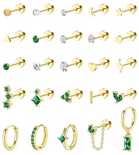 YADOCA 25pcs Hypoallergenic Flat Back Earrings 20G Cartilage Tragus Conch Piercing Jewelry Surgical Stainless Steel Flatback Stud Earrings For Women Small Hoop Earring Set for Multiple Piercing Gold/Silver(𝐒𝐢𝐧𝐠𝐥𝐞 𝐄𝐚𝐫𝐫𝐢𝐧𝐠𝐬 𝐍𝐨𝐭 𝐀 𝐏𝐚𝐢𝐫)