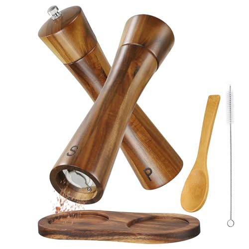 BEZORR Salz- und Pfeffermühle, Set mit 2 Gewürzmühlen aus Akazienholz, 20,3 cm große Pfeffermühle mit untersetzer, Gewürzmühle Keramikmahlwerk mit Reinigungsbürste und Löffel für verschiedene Gewürzmü