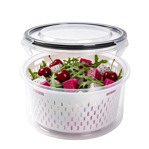 Contenedores de almacenamiento de alimentos - Ahorro de productos en el refrigerador, organizador de frutas de doble capa, tapa de cesta de drenaje de contenedores | Ensalada de verduras soporte para