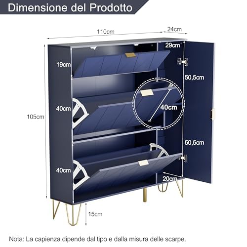 UEV Zapatero Ahorrador de Espacio con 3 Puertas Abatibles, Entrada de Zapatero, Zapater para 16 Pares en Robusta Madera de Construcción, 105 x 24 x 120 cm, Azul