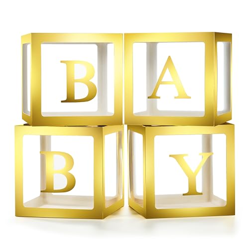 Lovelite Baby Boxes with Letters for Baby Shower, 4 Transparent Balloon Boxes with 2 Sets BABY Letters for Gender Reveal Decorations Boys Girls Birthday Wedding Party Backdrop, Gold