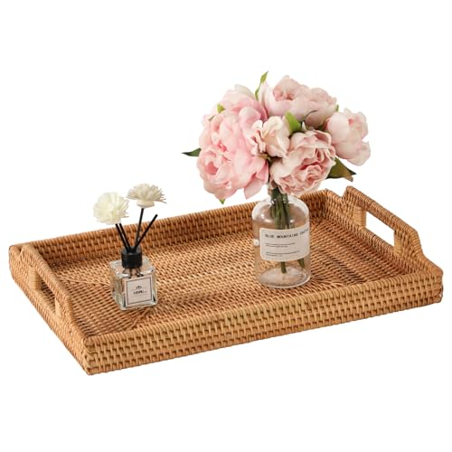 Best Rattan Trays for Coffee Tables: Stylish and Functional Picks 6 17'' Rattan Serving Tray Rectangle with Handles, Vintage Wicker Table Tray for Decor, Boho Hand Woven Seagrass Coffee Table Basket Tray for Ottoman, Breakfast, Bathroom, Outdoor