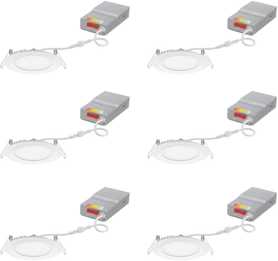 Juno LED Recessed Lights 4 Inch Round Wafer Downlight, 5-in-1 Switchable White Color Temperature, 120 Volts, 4-Inch Ultra-Thin Flat Trim, Matte White, 6-Pack (WF4 SWW5 90CRI CP6 MW M2)