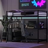SOFTSEA Twin Size Metal Loft Bed with Desk and Cabinet Gaming High Loft Bed for Boys Girls Heavy Duty (Black, Twin)