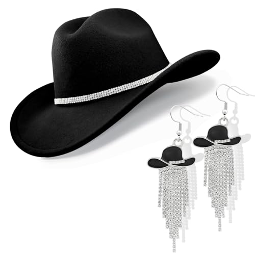 Aswitnove Cowboy Hat Rhinestone Cowgirl Boots Earrings Set Western Earrings Felt Fedora Jazz Hat Rodeo Outfit for Women Tassel Black