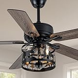 TOPASSTX 52' Farmhouse Ceiling Fan with Light and Remote, Rustic Fandelier Ceiling Fan with Deer & Bear Cut-out Drum Cage, Quiet Reversible DC Motor for Bedroom, Living Room, Kitchen, Black