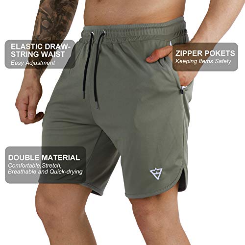 Wangdo Men's Workout Shorts 7" Running Shorts Athletic Bike Shorts Gym Shorts For Men With Zipper Pocket(Black+Green-S) #TOP5