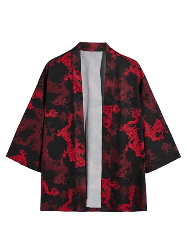 SHENHE Men's Kimono Jacket Dragon Print Open Front Chinese Kimono Yukata Noragi Bathrobe