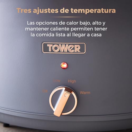 Miniatura 4 de Tower T16043gry Olla De Cocción Lenta De 6.5 Litros, Modelo Cavaletto Olla Lenta Con 3 Ajustes De Temperatura, Asas De Tacto Frío - Gris Y Rosa Oro