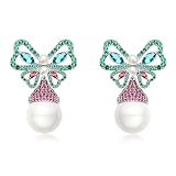 S925 Sterling Silver Butterfly Pearl Bow Earrings for Women Multicolored Crystal Dangle Earrings White Vintage Rhinestone Cubic Zirconia Drop Fine Jewelry for Her (Red+Green) -  Prom
