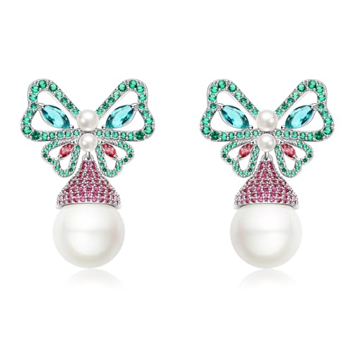 S925 Sterling Silver Butterfly Pearl Bow Earrings for Women Multicolored Crystal Dangle Earrings White Vintage Rhinestone Cubic Zirconia Drop Fine Jewelry for Her (Red+Green) -  Prom