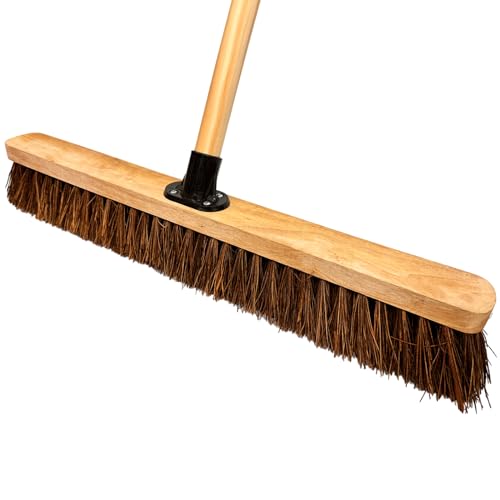 LSC 24” Broom Outdoor Yard Broom Stiff Sweeping Brush with Wooden Handle Natural Bassine Hard Bristles Garden Brooms for Cleaning Gardens Yards Driveways Warehouse (PACK OF 1)