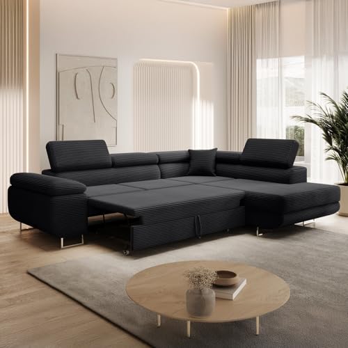 INTENSE DECO Canapé d'angle Droit Convertible Marius Velours côtelé Noir – vue 6