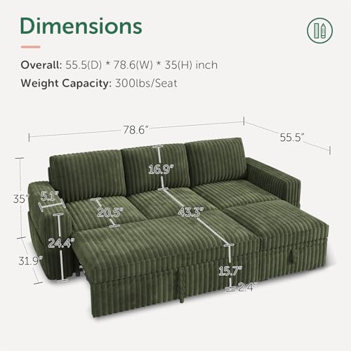 Image of HONBAY Modular Sectional Sofa with Pull Out Bed,Corduroy L Shaped Sleeper Sofa with Storage, Sectional Couches for Living Room,Green
