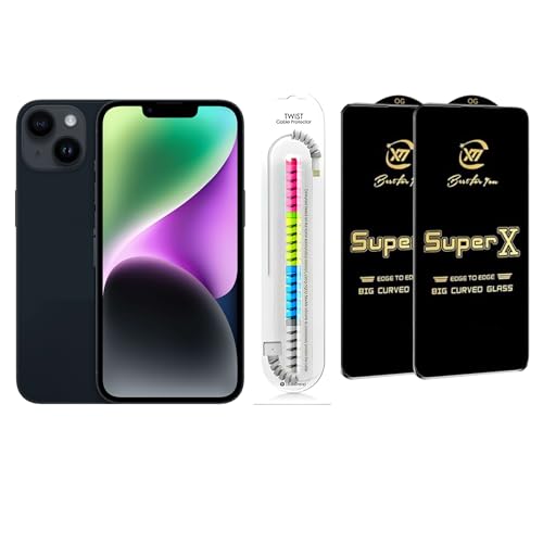 Image of Edge To Edge Tempered Glass Screen Protector Compatible With iPhone 14, 9H Hardness, Anti-Fingerprint, FHD Clear With Cable Protector Pack 2