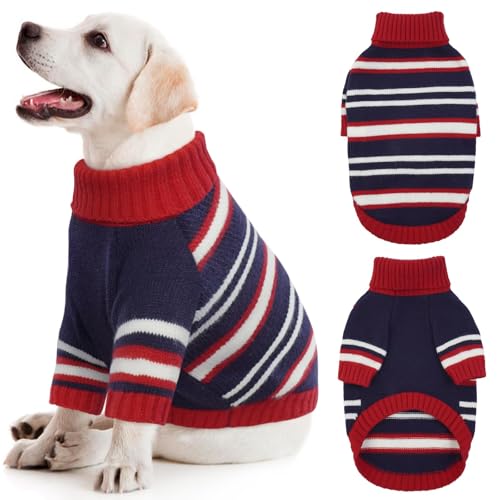 Kuoser Dog Sweater,Warm Dog Sweaters for Medium Dogs,Turtleneck Thick Medium Dog Sweater Christmas Outfit,Pet Winter Clothes Doggie Knitwear Girl Boy for Holiday Thanksgiving,Red&Blue Strips