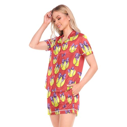 Image of Womens Silk Satin Pajamas Set Western Theme Womens Short Sleeve Shorts Set 2 Piece Sleepwear Lounge Set S-XXL