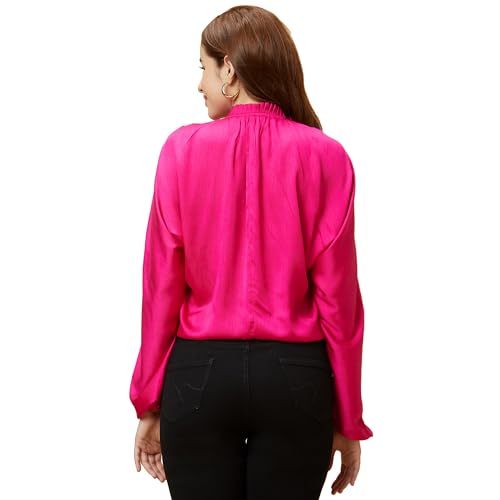 Image of Globus Women Pink V Neck Long Raglan Sleeves Gathered Solid Design Loose Party Top-3640069004