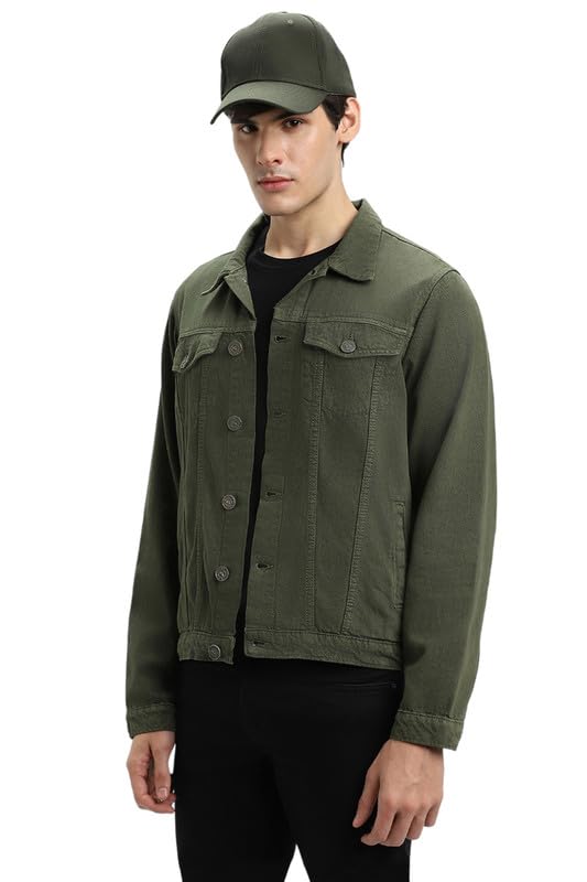 Image of DENNIS LINGO Men's Olive Washed Cotton Denim Jacket, Regular Fit Long Sleeves Regular Collar