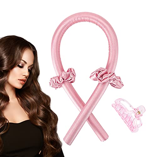 Heatless Hair Curlers，No Heat Silk Curls Headband and Heatless Curls for Overnight, Soft Foam Hair Rollers, Curling Ribbon and Flexi Rods for Natural Hair (Pink)